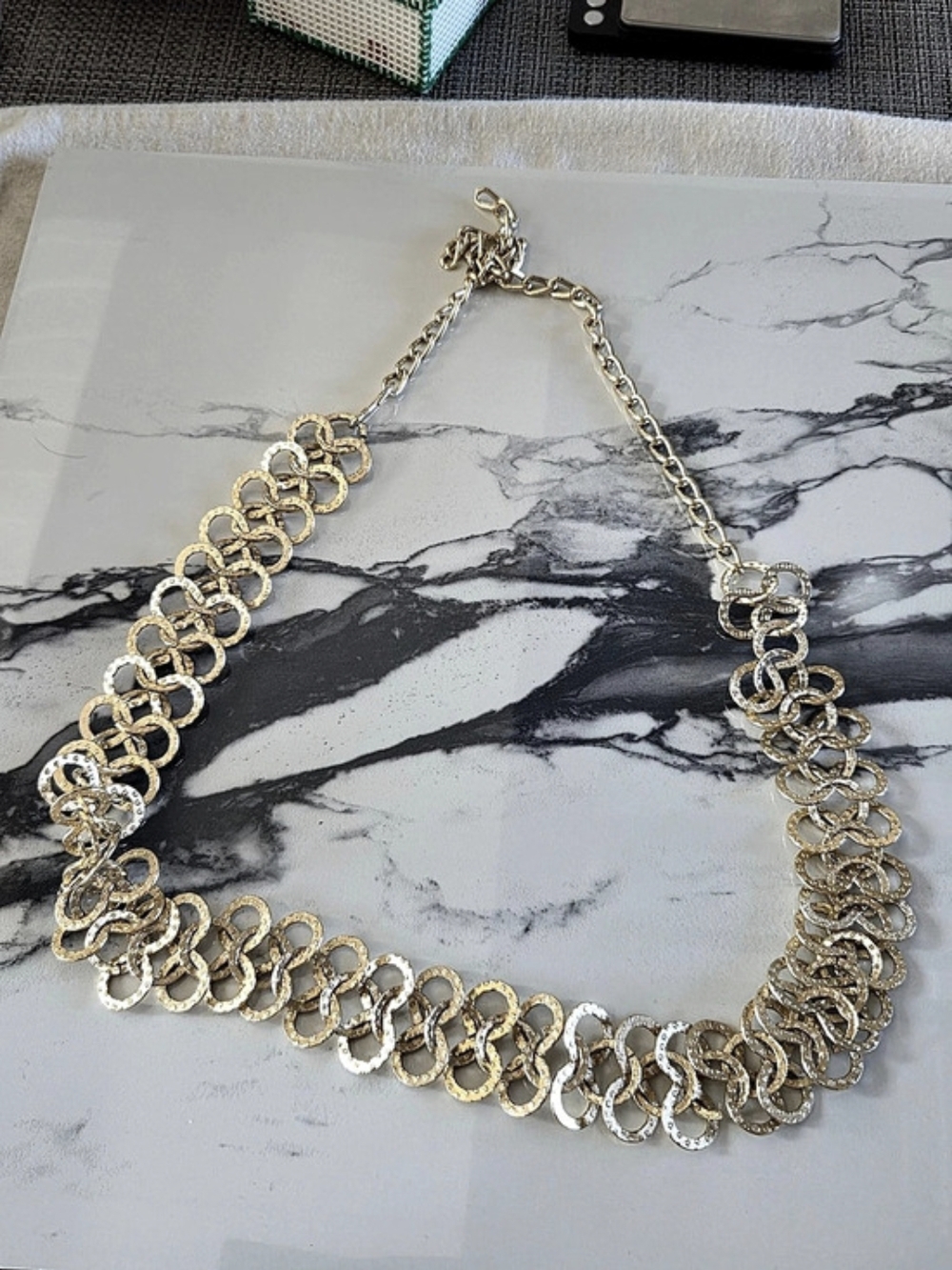 Gold-Tone Textured Interlocking Ring Statement Collar Bib Necklace